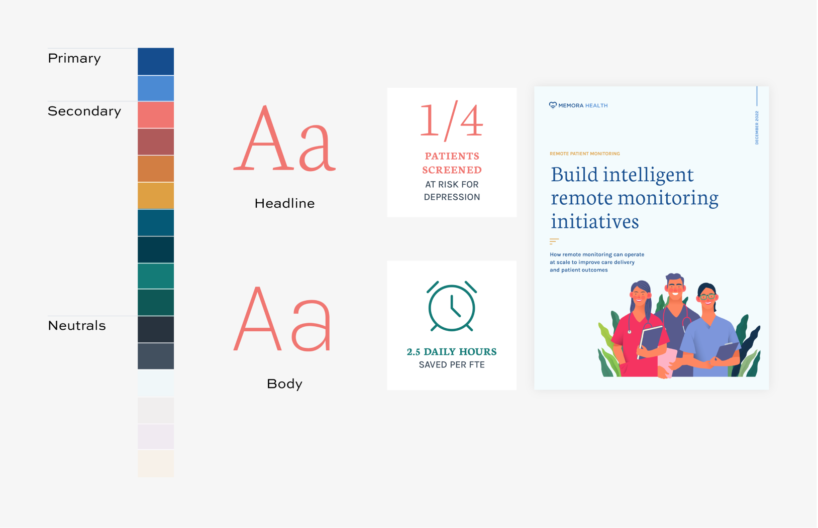 Create Forward Design: Brand Strategy for Memora Health, Branding recommendations - option 1, Typography, Illustration, Color, Color Palette, Infographics